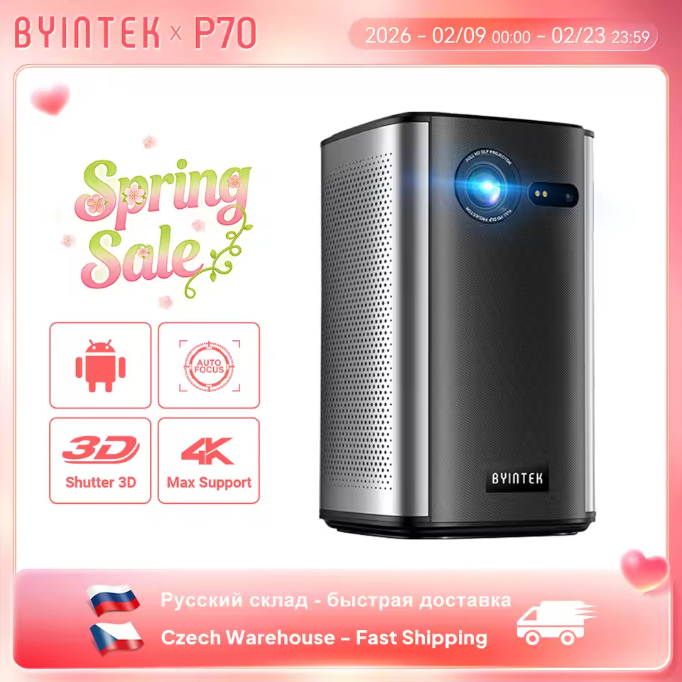 BYINTEK P70 4K Smart DLP Mini Projector with WiFi, Bluetooth & Built-in Battery