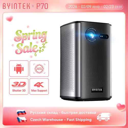 BYINTEK P70 4K Smart DLP Mini Projector with WiFi, Bluetooth & Built-in Battery